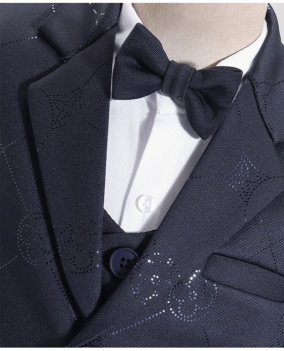 Babyhug Full Sleeves Party Suit with Waistcoat & Bow - Navy Blue