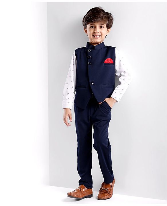 Babyhug Woven Party Suit Solid Colour Waistcoat Set With Full Sleeves Printed Shirt- Navy Blue