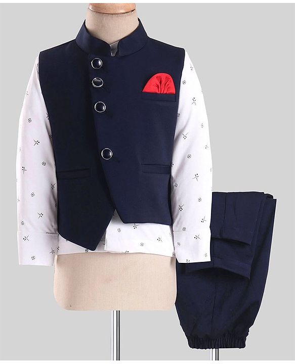 Babyhug Woven Party Suit Solid Colour Waistcoat Set With Full Sleeves Printed Shirt- Navy Blue