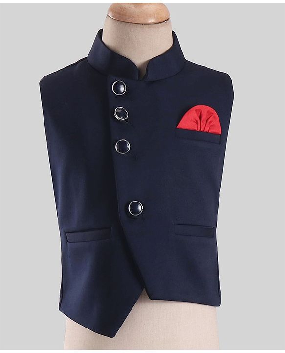 Babyhug Woven Party Suit Solid Colour Waistcoat Set With Full Sleeves Printed Shirt- Navy Blue