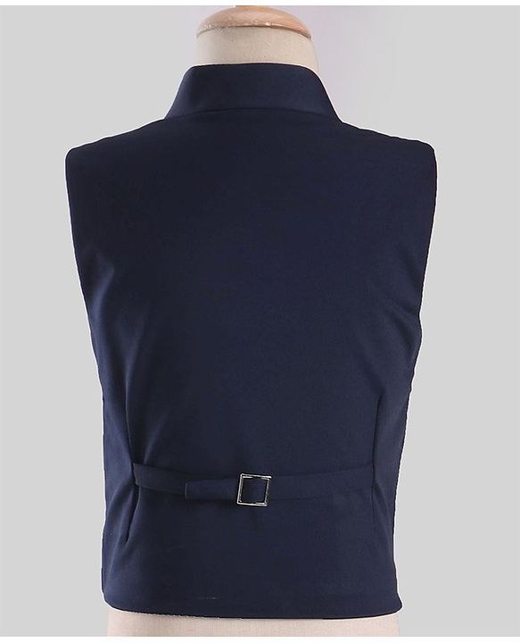 Babyhug Woven Party Suit Solid Colour Waistcoat Set With Full Sleeves Printed Shirt- Navy Blue