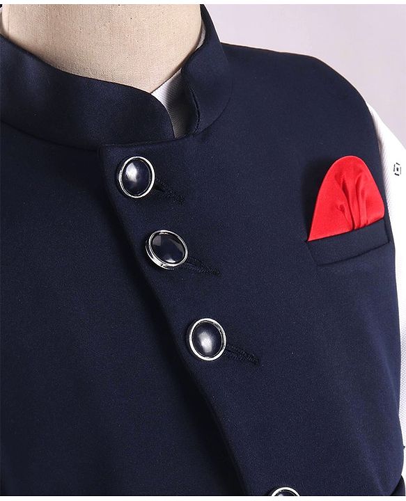 Babyhug Woven Party Suit Solid Colour Waistcoat Set With Full Sleeves Printed Shirt- Navy Blue