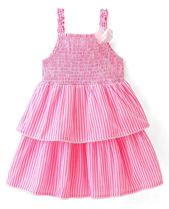 Babyhug Seer Sucker Woven Sleeveless Striped Frock with Floral Corsage - pink