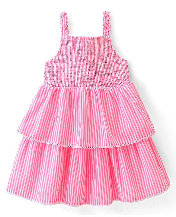 Babyhug Seer Sucker Woven Sleeveless Striped Frock with Floral Corsage - pink