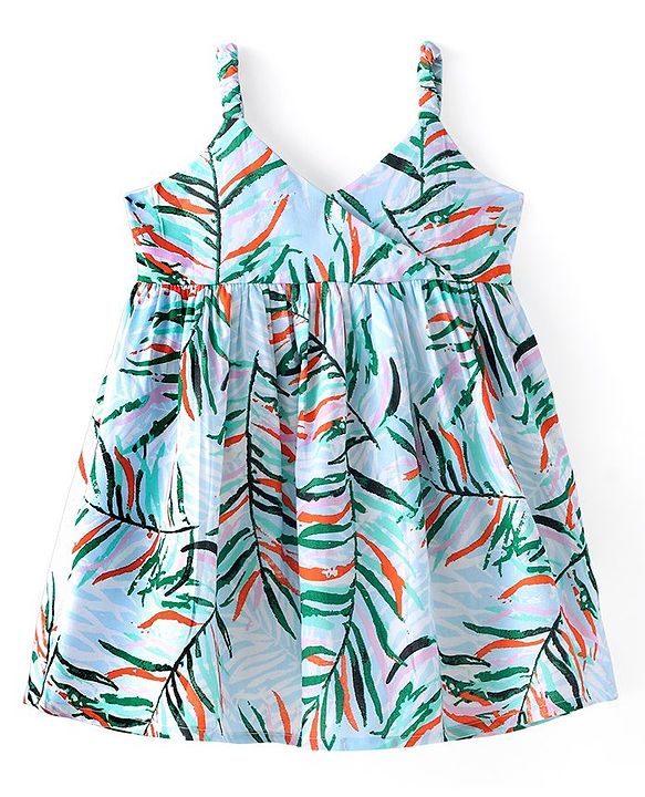 Babyhug Rayon Knit Singlet Sleeves Leaves Printed Frock - Mint