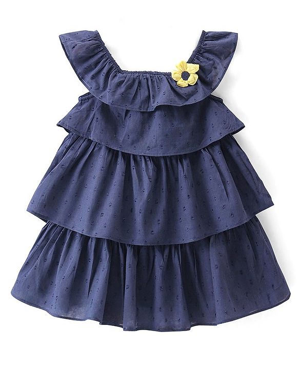 Babyhug 100% Cotton Woven Sleeveless Solid Colour Frock with Floral Applique - Navy Blue