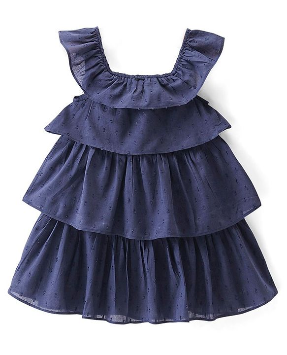 Babyhug 100% Cotton Woven Sleeveless Solid Colour Frock with Floral Applique - Navy Blue