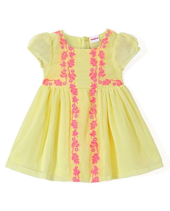 Babyhug Georgette Woven Puffed Sleeves Frock with Floral Embroidery - Yellow