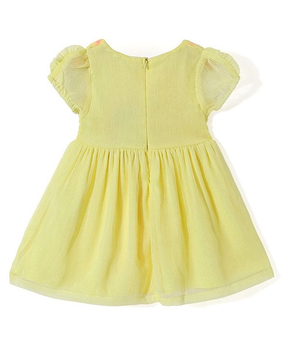 Babyhug Georgette Woven Puffed Sleeves Frock with Floral Embroidery - Yellow