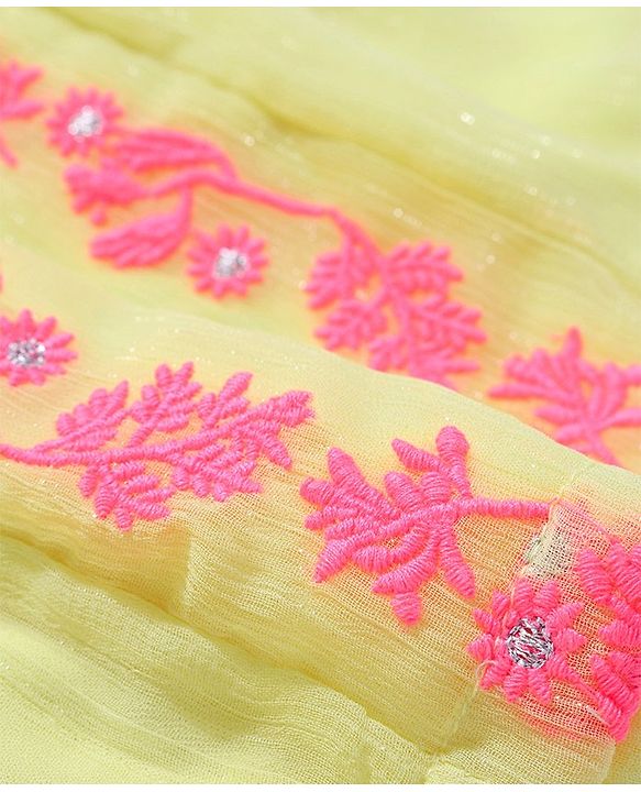 Babyhug Georgette Woven Puffed Sleeves Frock with Floral Embroidery - Yellow