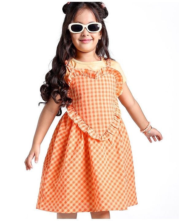 Babyhug Cotton Woven Checked Frock with Half Sleeves Inner Tee - Orange