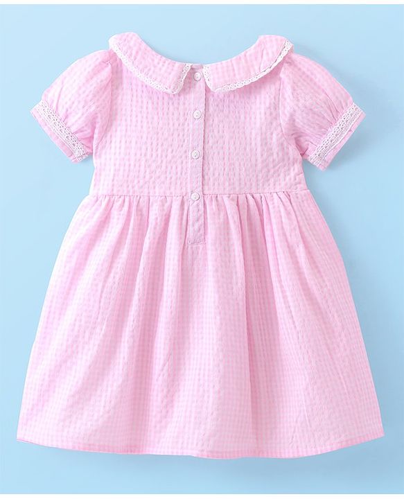 Babyhug Seer Sucker Woven Half Sleeves Checked Frock with Bloomer Floral Embroidery - Pink