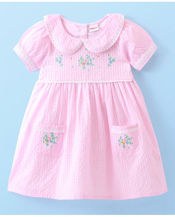 Babyhug Seer Sucker Woven Half Sleeves Checked Frock with Bloomer Floral Embroidery - Pink