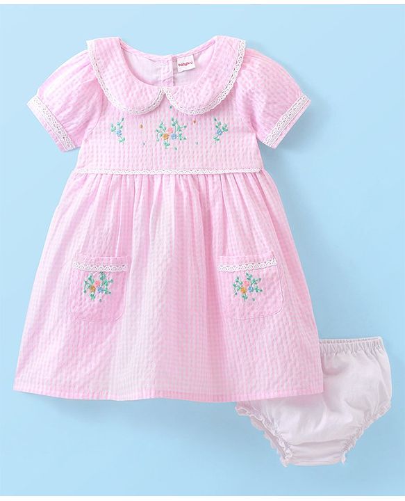 Babyhug Seer Sucker Woven Half Sleeves Checked Frock with Bloomer Floral Embroidery - Pink