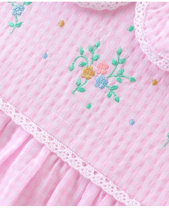 Babyhug Seer Sucker Woven Half Sleeves Checked Frock with Bloomer Floral Embroidery - Pink