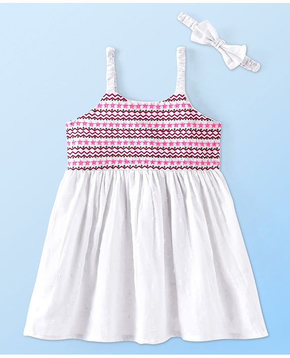 Babyhug 100% Cotton Woven Sleeveless Embroiderd Frock With Headband- White