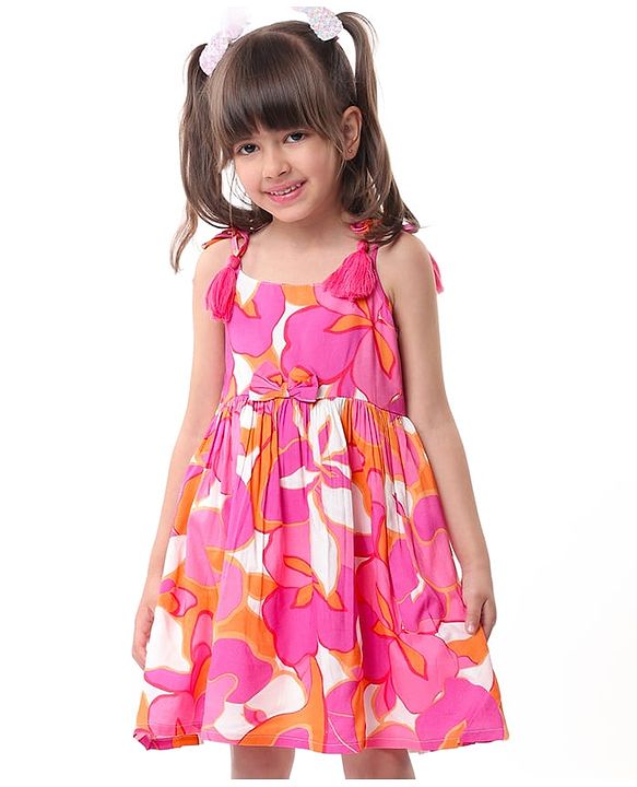 Babyhug Rayon Woven Sleeveless Floral Printed Frock -Pink