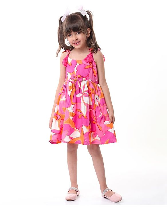 Babyhug Rayon Woven Sleeveless Floral Printed Frock -Pink