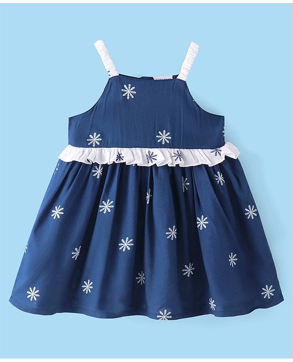 Babyhug Rayon Woven Singlet Sleeves Floral Embroidery Frock - Navy Blue