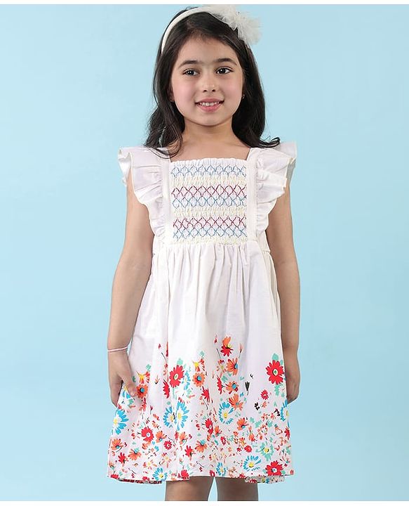 Babyhug Poplin Woven Frill Sleeves Frock with Floral Print - White