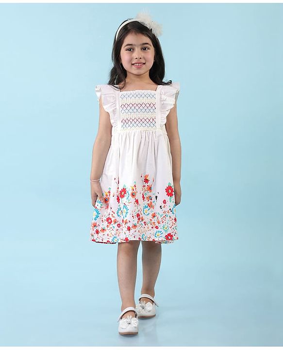 Babyhug Poplin Woven Frill Sleeves Frock with Floral Print - White