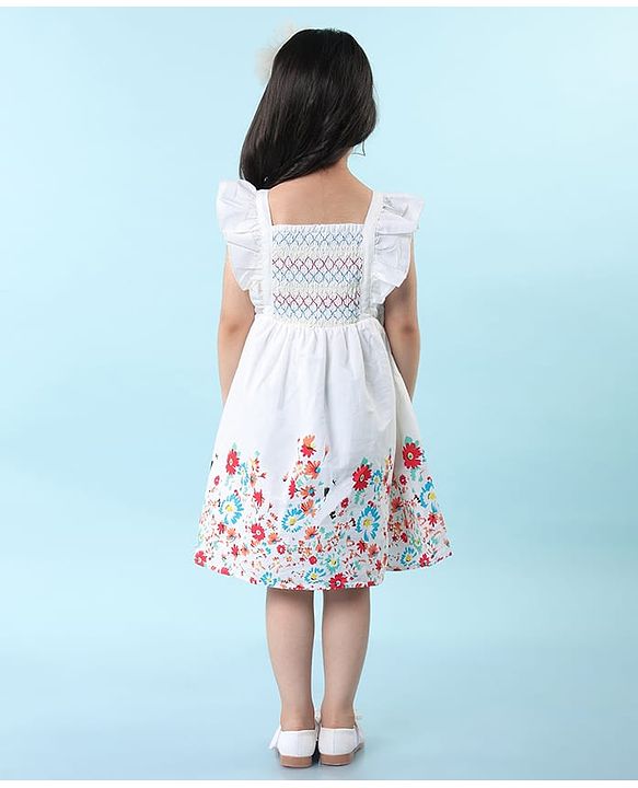 Babyhug Poplin Woven Frill Sleeves Frock with Floral Print - White