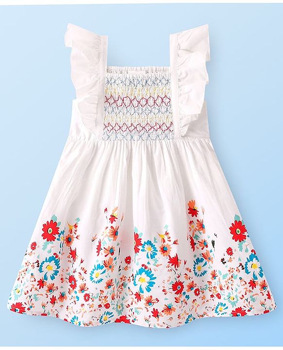 Babyhug Poplin Woven Frill Sleeves Frock with Floral Print - White