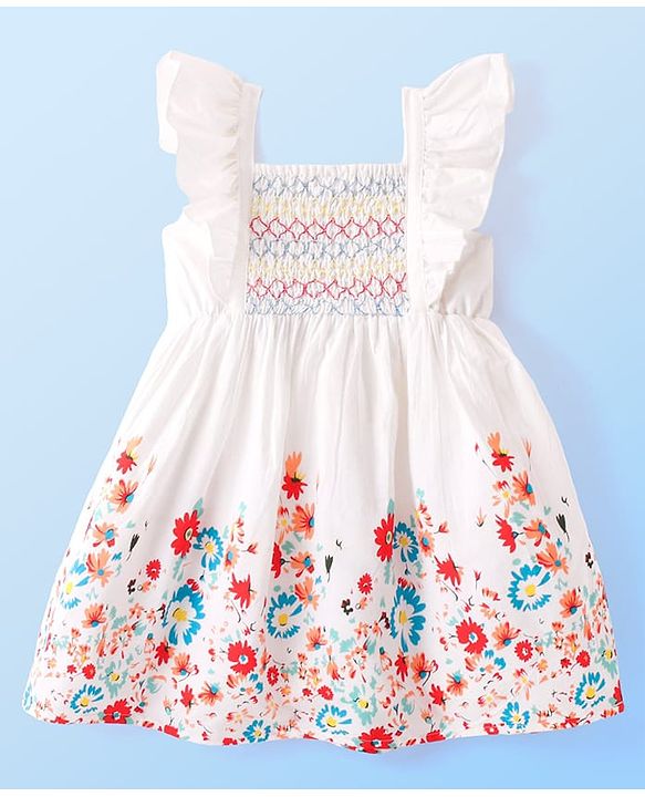 Babyhug Poplin Woven Frill Sleeves Frock with Floral Print - White