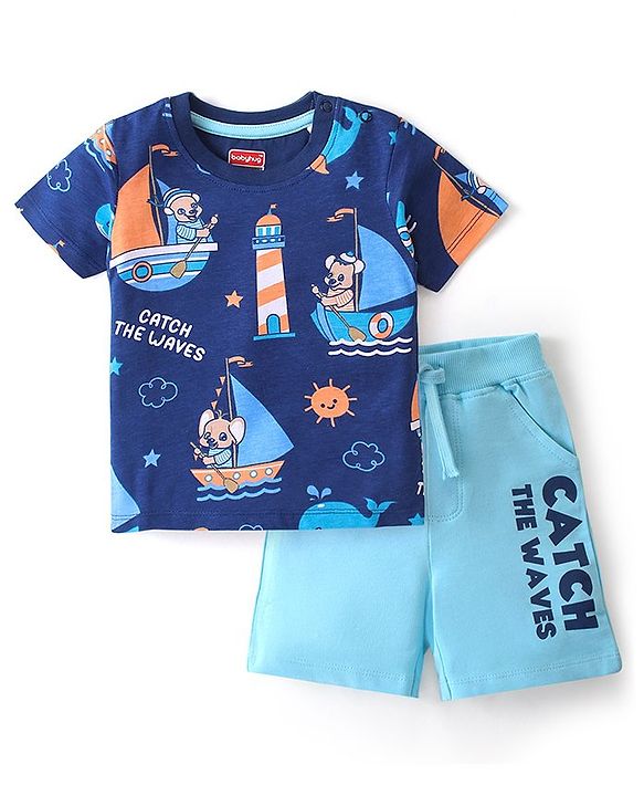 Babyhug 100% Cotton Knit Single Jersey Half Sleeves T-Shirt & Shorts With Light House Print - Blue