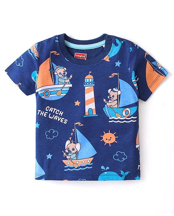 Babyhug 100% Cotton Knit Single Jersey Half Sleeves T-Shirt & Shorts With Light House Print - Blue