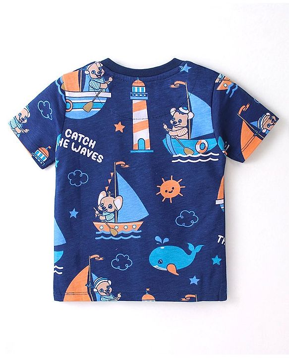 Babyhug 100% Cotton Knit Single Jersey Half Sleeves T-Shirt & Shorts With Light House Print - Blue