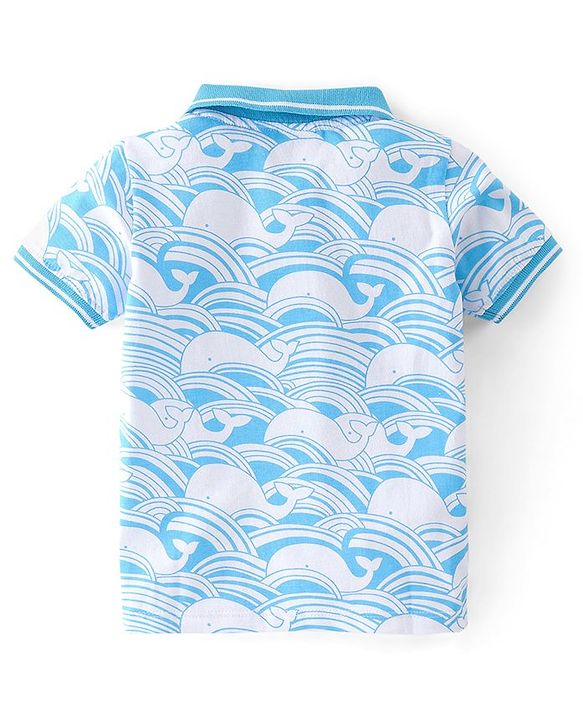Babyhug 100% Cotton Knit Half Sleeves Polo T-Shirt with Whale Print- Blue