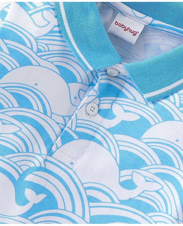 Babyhug 100% Cotton Knit Half Sleeves Polo T-Shirt with Whale Print- Blue