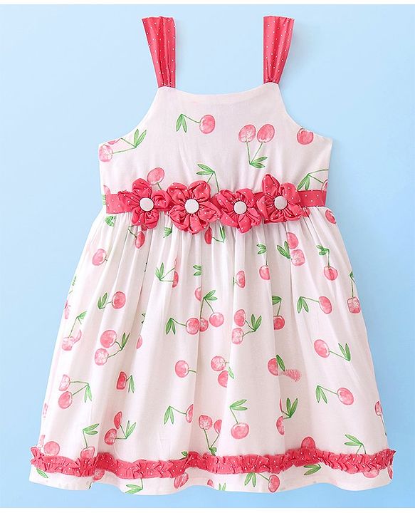 Babyhug Cotton Woven Sleeveless Singlet Frock with Cherry Print & Floral Applique- White & Pink