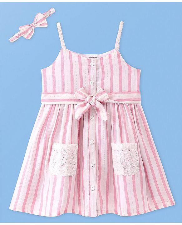 Babyhug Single Jersey Knit Singlet Sleeves Frock Striped With Headband - Pink