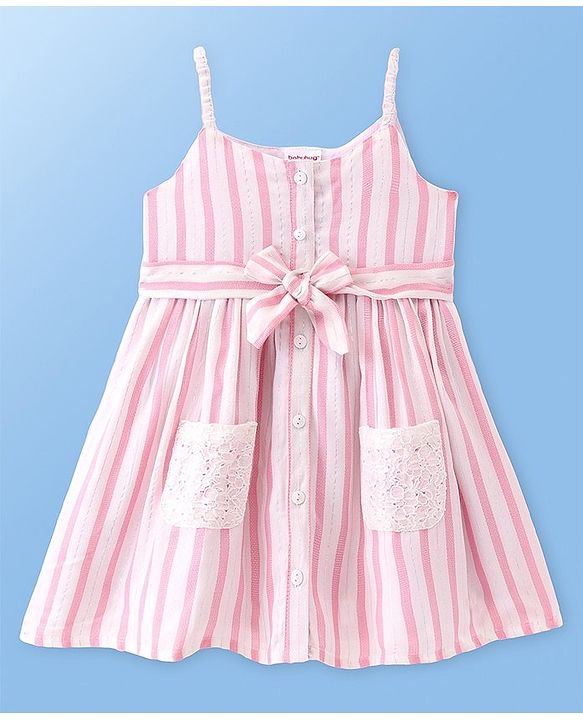 Babyhug Single Jersey Knit Singlet Sleeves Frock Striped With Headband - Pink