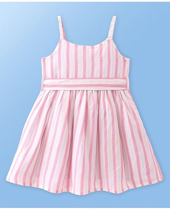 Babyhug Single Jersey Knit Singlet Sleeves Frock Striped With Headband - Pink