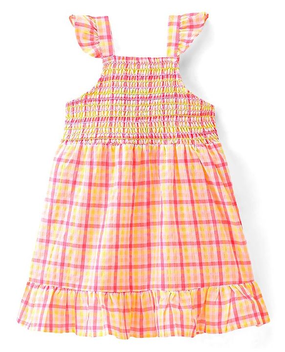 Babyhug Royan Woven Sleeveless Checkered Frock - White Yellow & pink