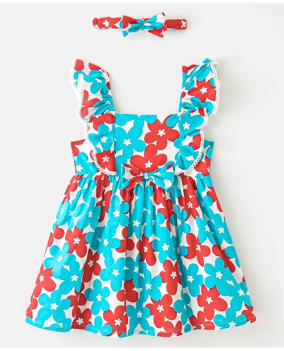 Babyhug 100% Cotton Woven Frill Sleeves Floral Print Frock With Headband - Red