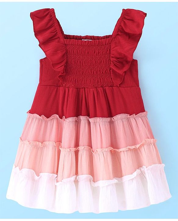 Babyhug Rayon Woven Frill Sleeves Smocking Detailing Colour Block Tiered Frock - Multicolour