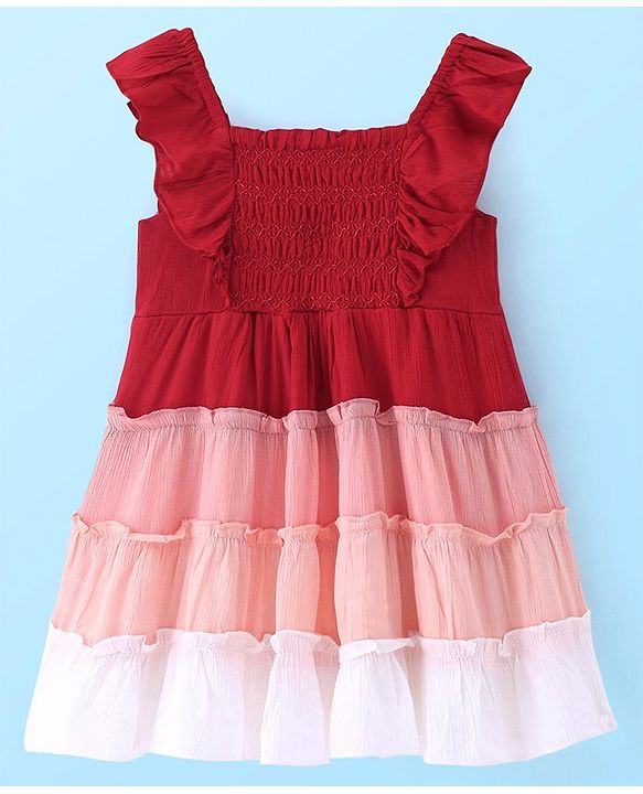 Babyhug Rayon Woven Frill Sleeves Smocking Detailing Colour Block Tiered Frock - Multicolour