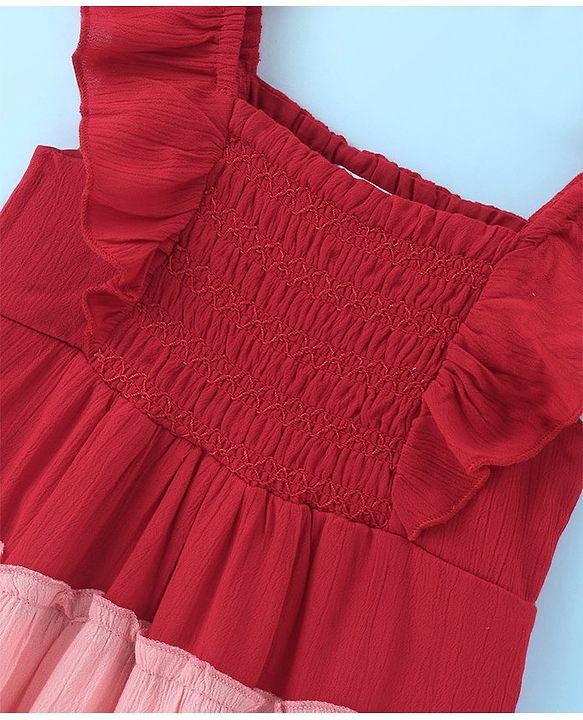 Babyhug Rayon Woven Frill Sleeves Smocking Detailing Colour Block Tiered Frock - Multicolour