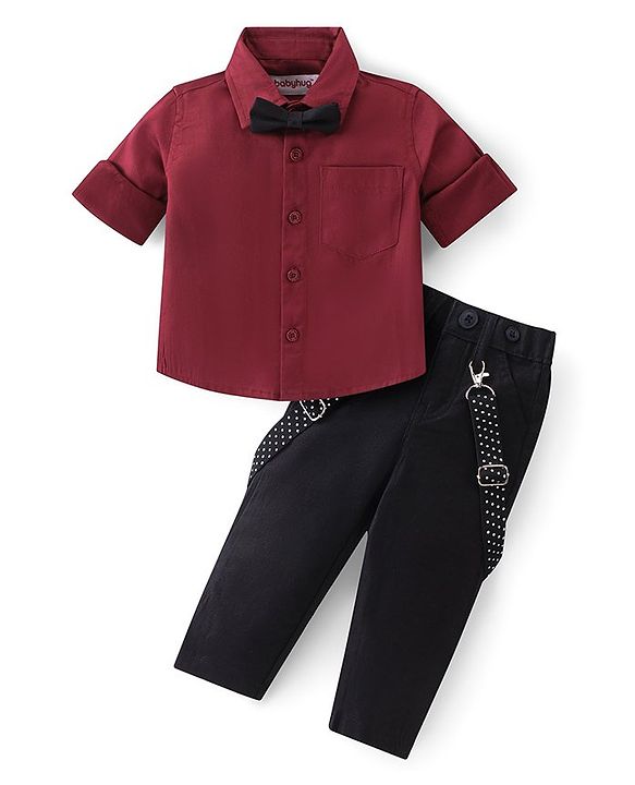 Babyhug Woven Full Sleeves Party Wear Shirt & Trousers Set with  Bow & Suspender - Maroon & Black