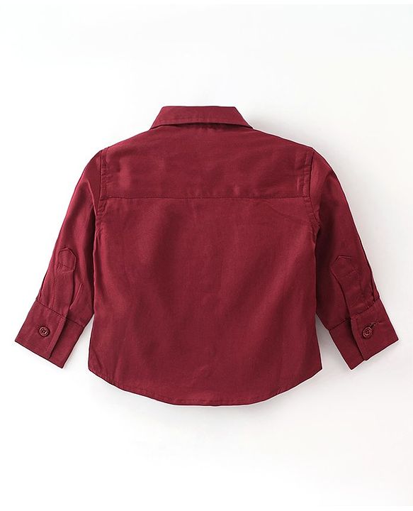 Babyhug Woven Full Sleeves Party Wear Shirt & Trousers Set with  Bow & Suspender - Maroon & Black