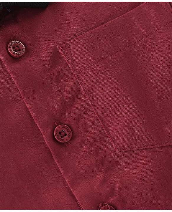 Babyhug Woven Full Sleeves Party Wear Shirt & Trousers Set with  Bow & Suspender - Maroon & Black