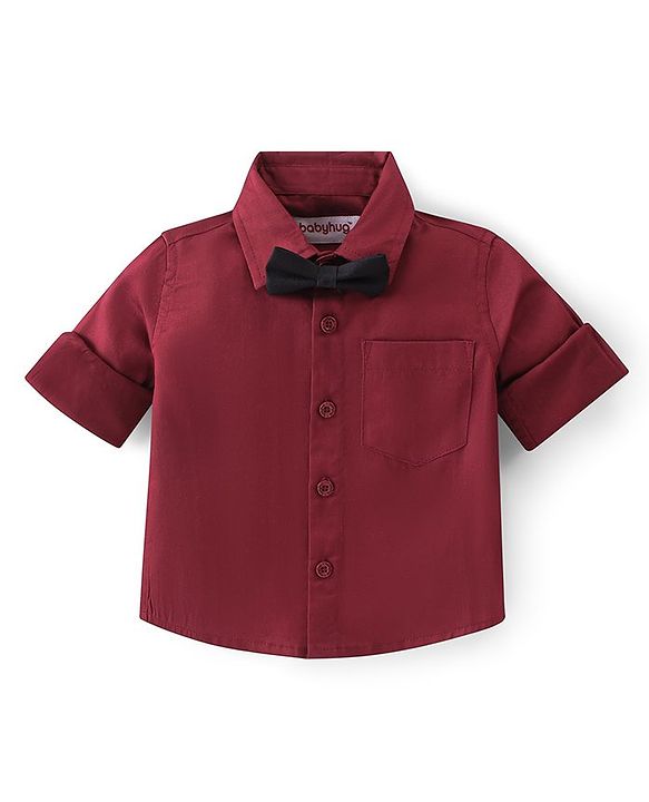 Babyhug Woven Full Sleeves Party Wear Shirt & Trousers Set with  Bow & Suspender - Maroon & Black