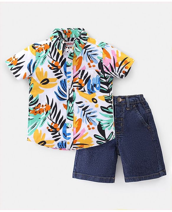 Babyhug Cotton Woven Half Sleeves Shirt & Denim Shorts Set With Tropical Print - Multicolor