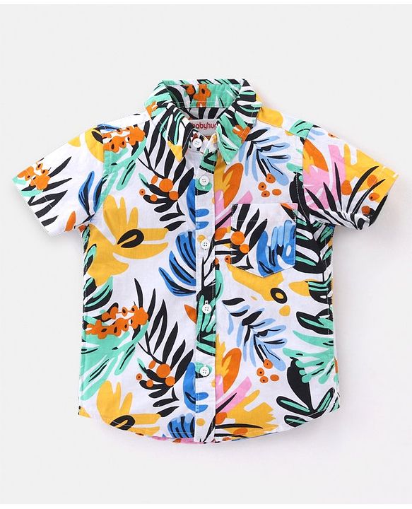 Babyhug Cotton Woven Half Sleeves Shirt & Denim Shorts Set With Tropical Print - Multicolor