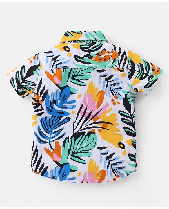 Babyhug Cotton Woven Half Sleeves Shirt & Denim Shorts Set With Tropical Print - Multicolor