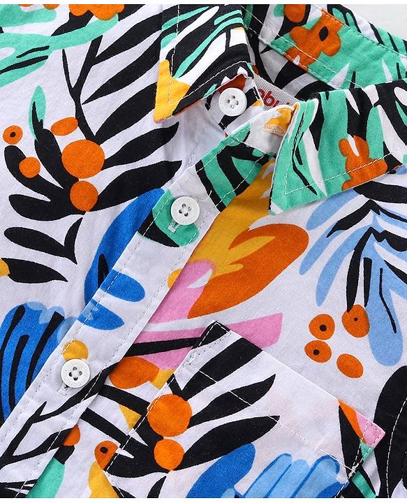 Babyhug Cotton Woven Half Sleeves Shirt & Denim Shorts Set With Tropical Print - Multicolor